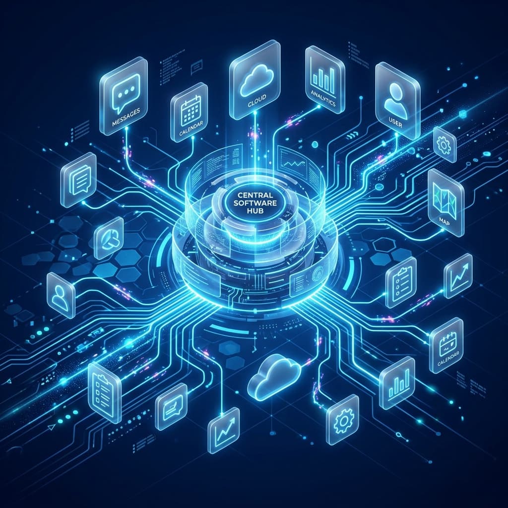 Software hub connecting app icons